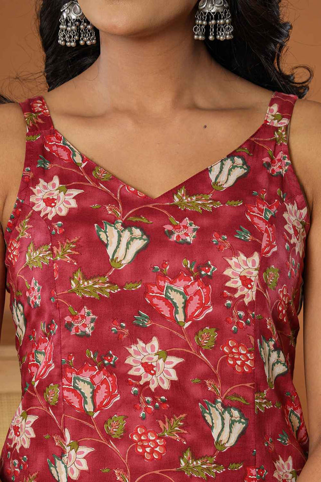 Brown Floral Print Pure Cotton Kurti Pant Set