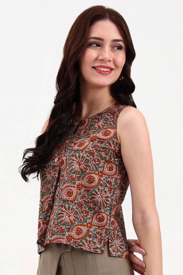 Brown Geometric Printed Cotton Tops & Tunics