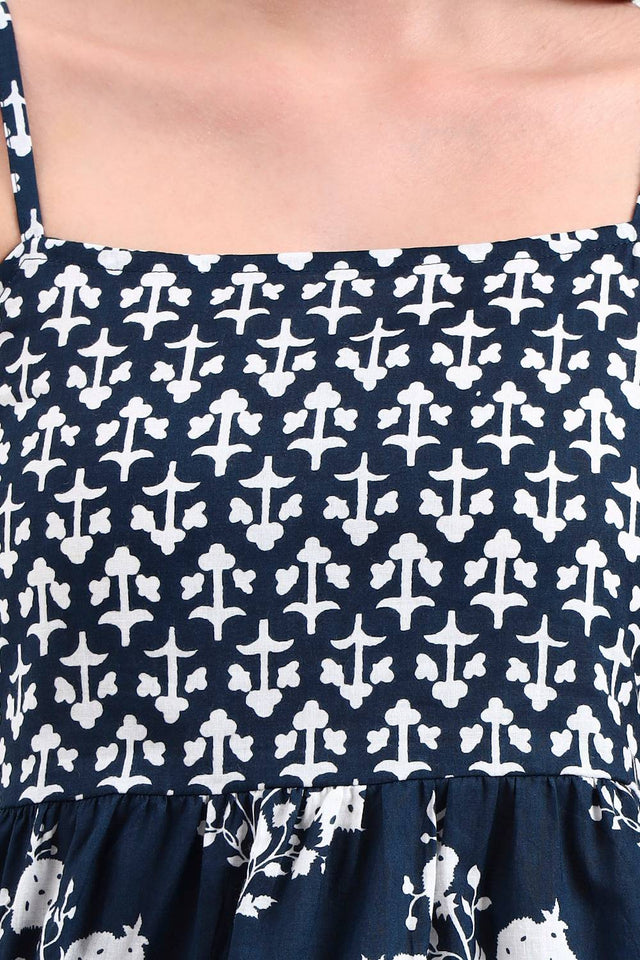 Navy Blue Floral Printed Cotton Tops & Tunics