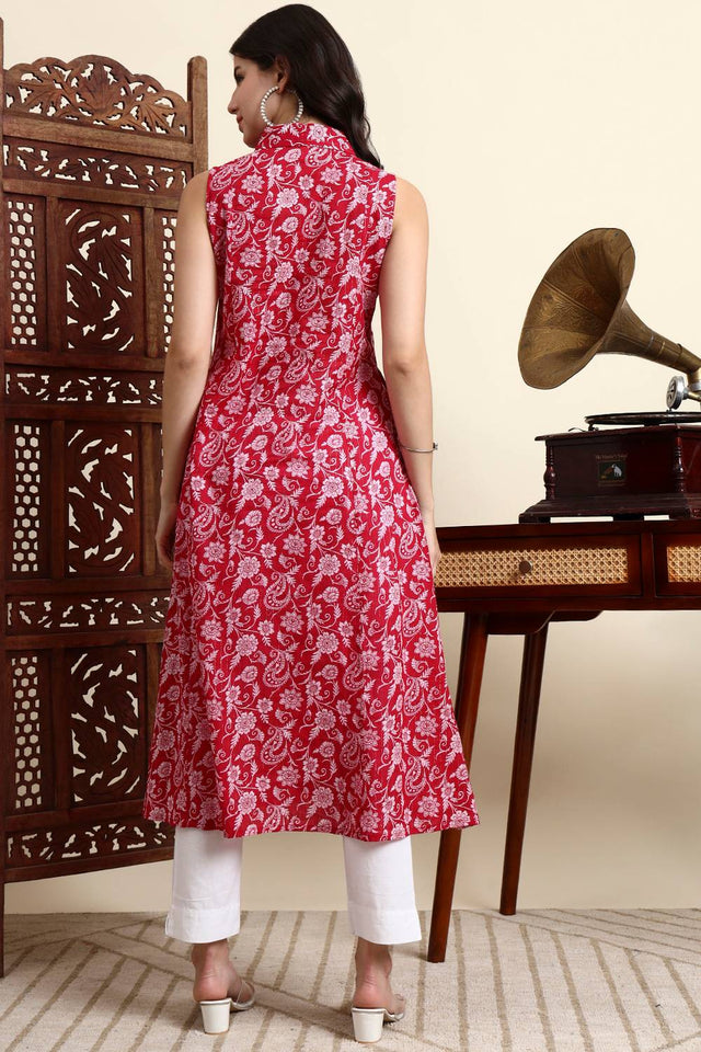 Pink Floral Printed Cotton Anarkali Kurti