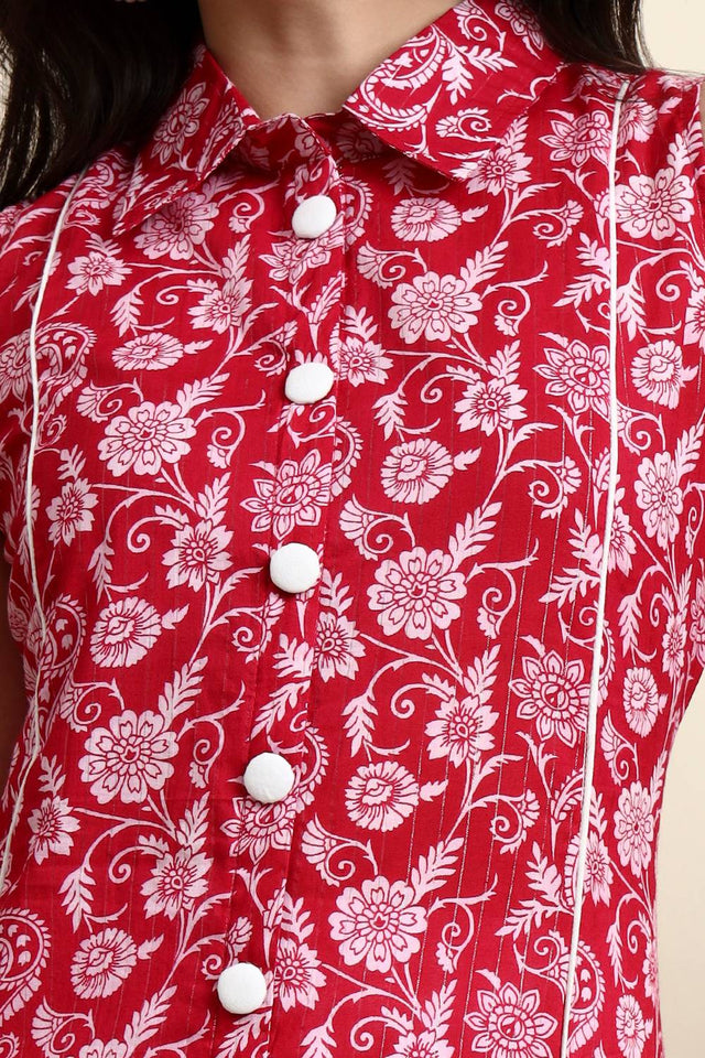 Pink Floral Printed Cotton Anarkali Kurti