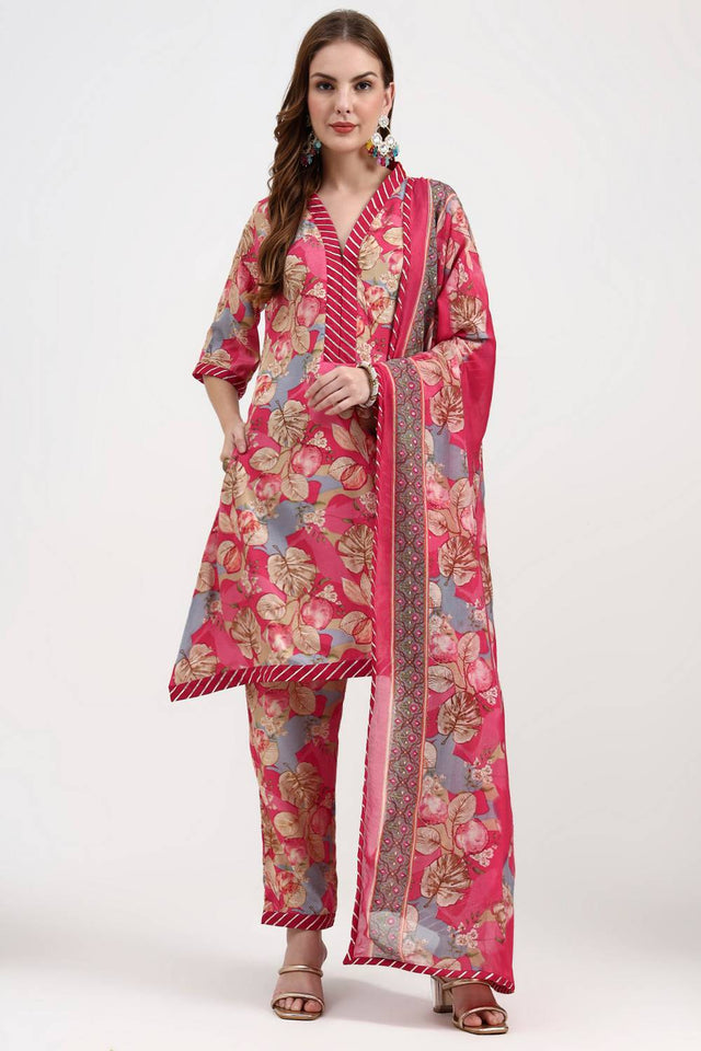 Red Floral Printed Silk Straight Cut Suit Set