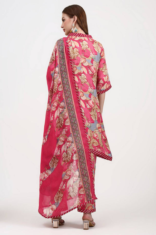 Red Floral Printed Silk Straight Cut Suit Set