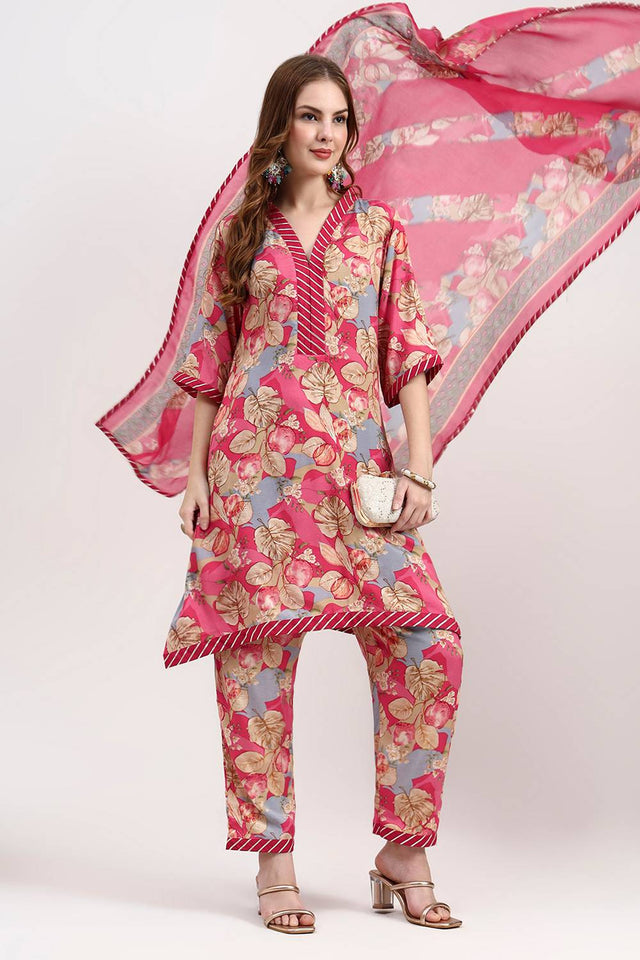 Red Floral Printed Silk Straight Cut Suit Set