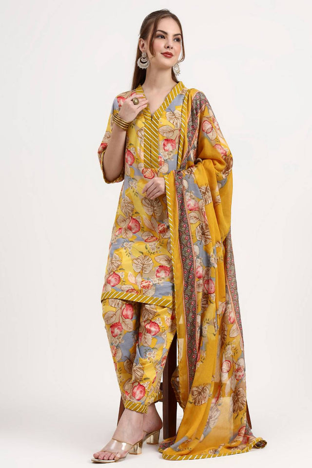 Yellow Floral Printed Silk Straight Cut Suit Set