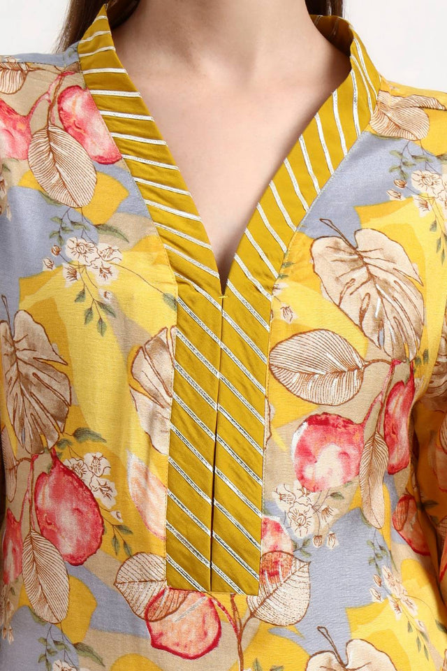 Yellow Floral Printed Silk Straight Cut Suit Set