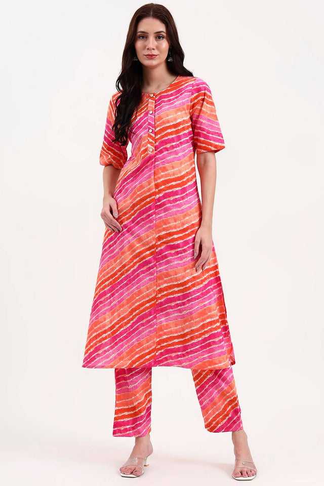 Pink Leheriya Printed Cotton Straight Cut Suit Set
