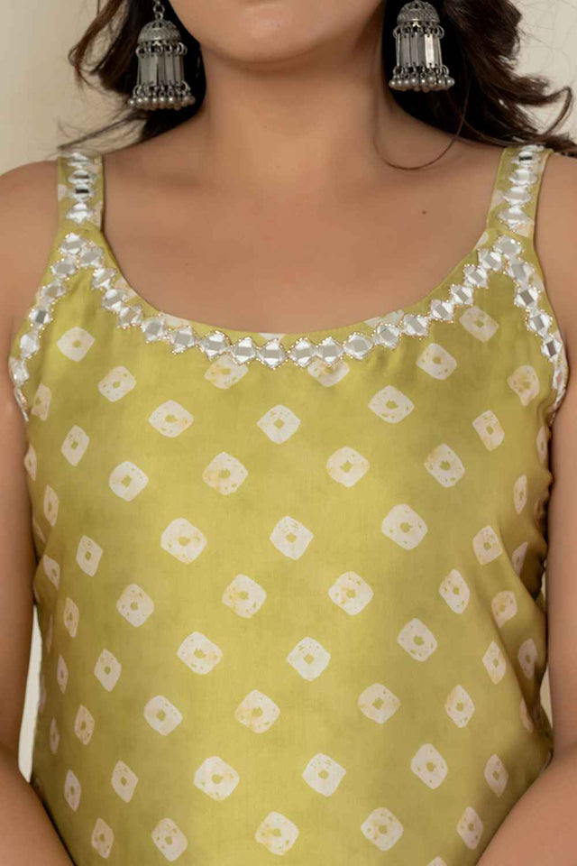 Green Bandhani Mirror Work Silk Kurti Pant Set (7312SKDGR)