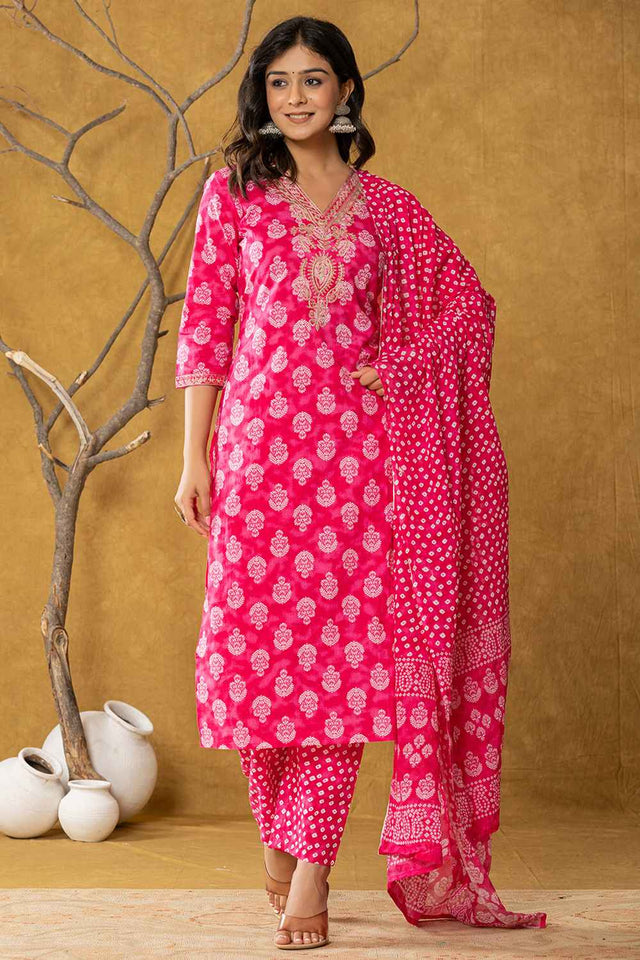 Pink Bandhani Zari Work Pure Cotton Kurti Pant Set