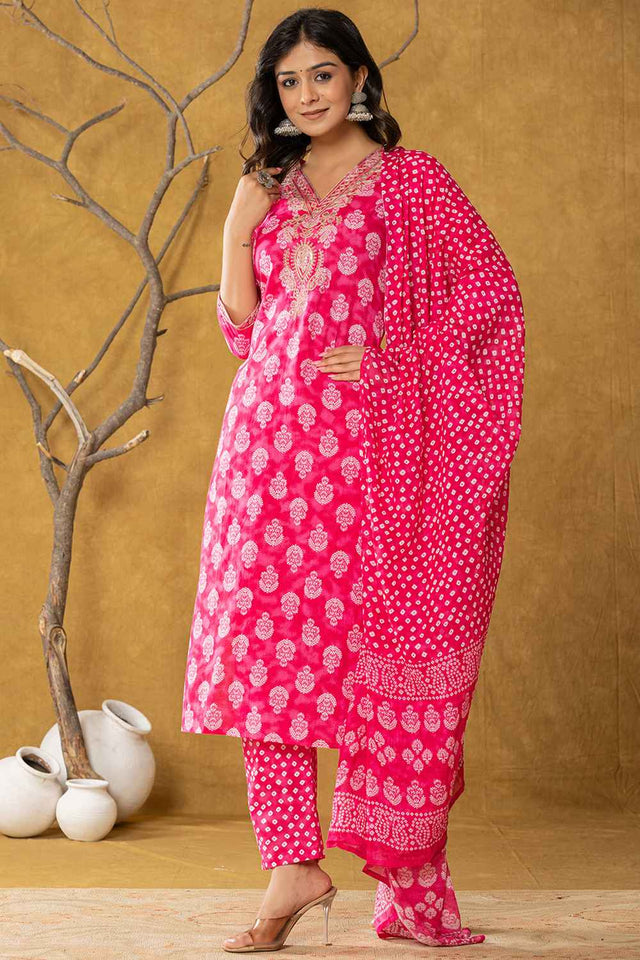 Pink Bandhani Zari Work Pure Cotton Kurti Pant Set