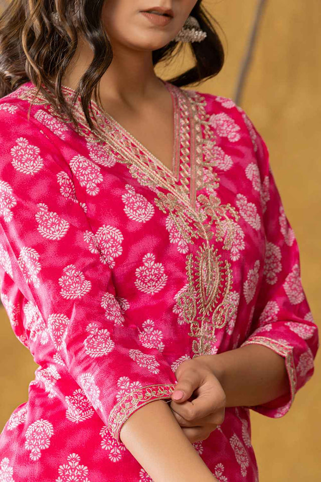 Pink Bandhani Zari Work Pure Cotton Kurti Pant Set