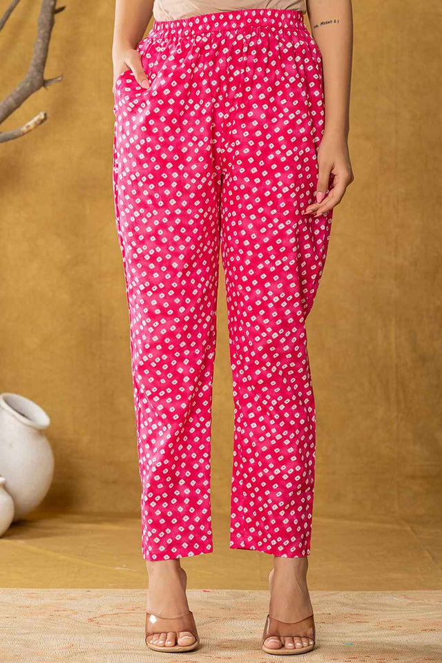 Pink Bandhani Zari Work Pure Cotton Kurti Pant Set