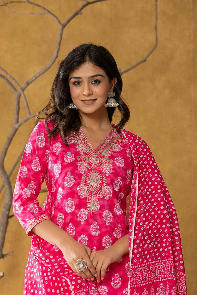 Pink Bandhani Zari Work Pure Cotton Kurti Pant Set