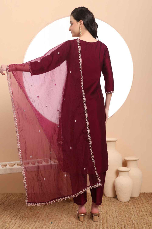 Wine Solid Silk Kurti Pant Set