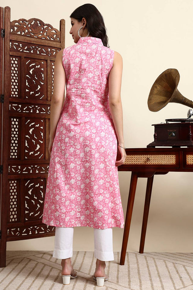 Pink Floral Printed Cotton Anarkali Kurti