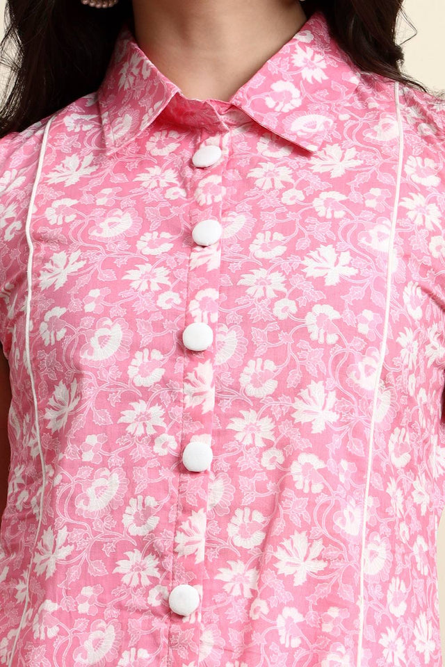 Pink Floral Printed Cotton Anarkali Kurti