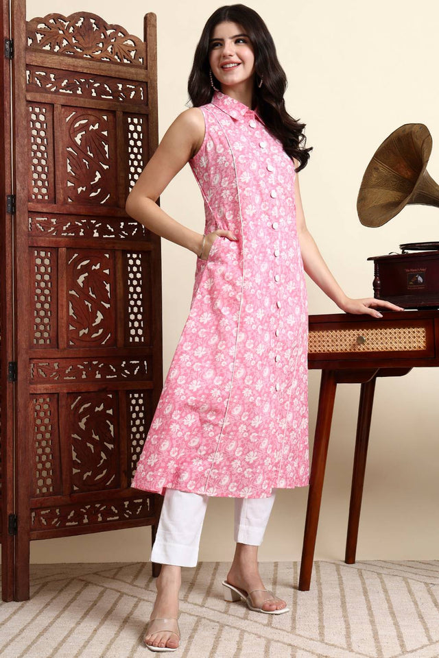 Pink Floral Printed Cotton Anarkali Kurti