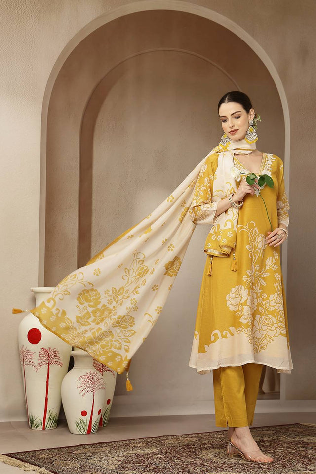 Yellow Floral Printed Silk Straight Cut Suit Set