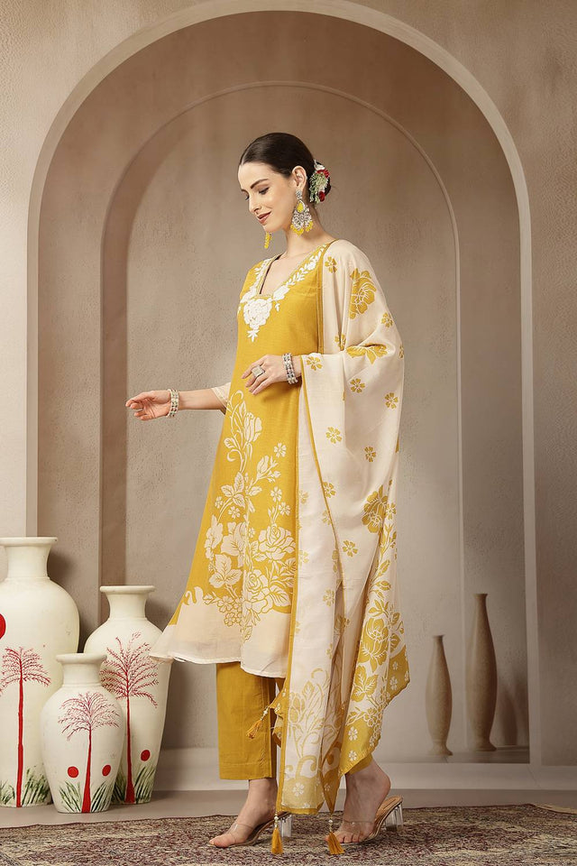 Yellow Floral Printed Silk Straight Cut Suit Set