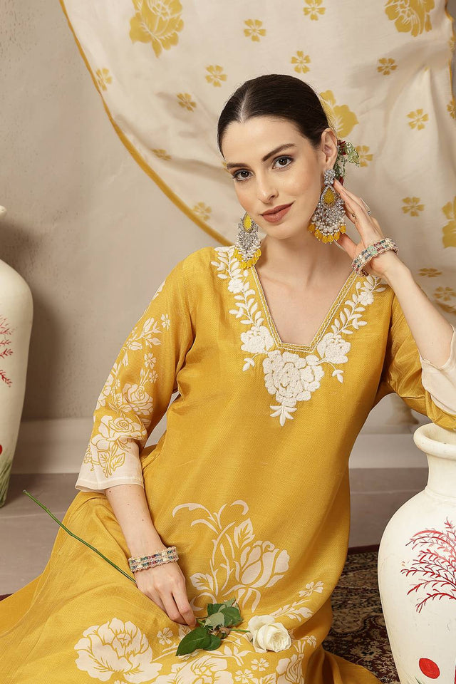 Yellow Floral Printed Silk Straight Cut Suit Set