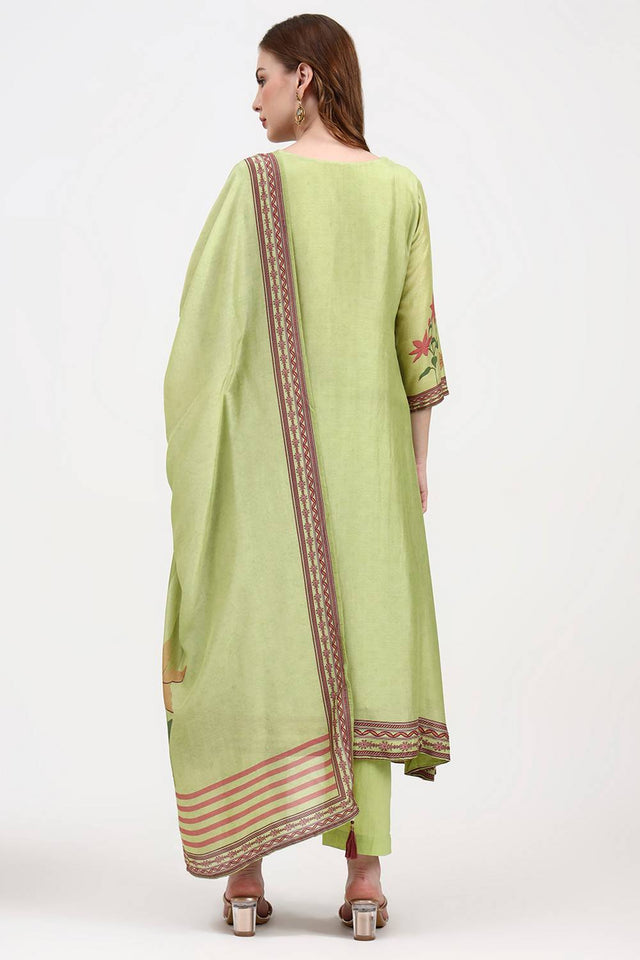 Green Embroidered Silk Straight Cut Suit Set