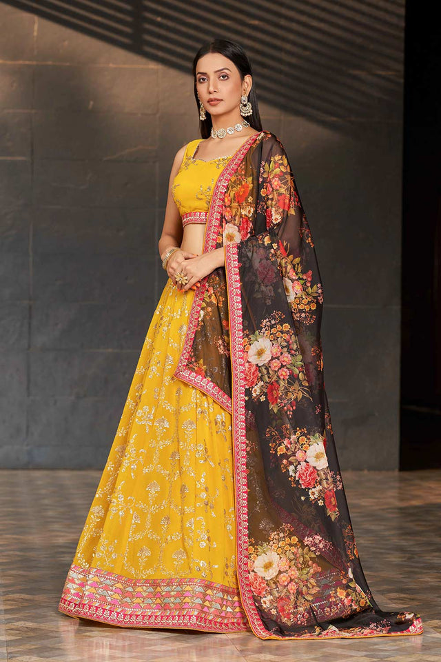 Yellow Sequins Georgette Lehenga Choli With Dupatta ('8001)