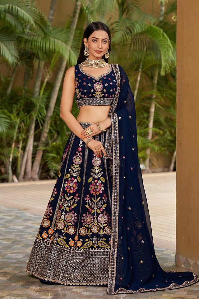 Navy Blue Sequins Georgette Lehenga Choli With Dupatta ('8003)