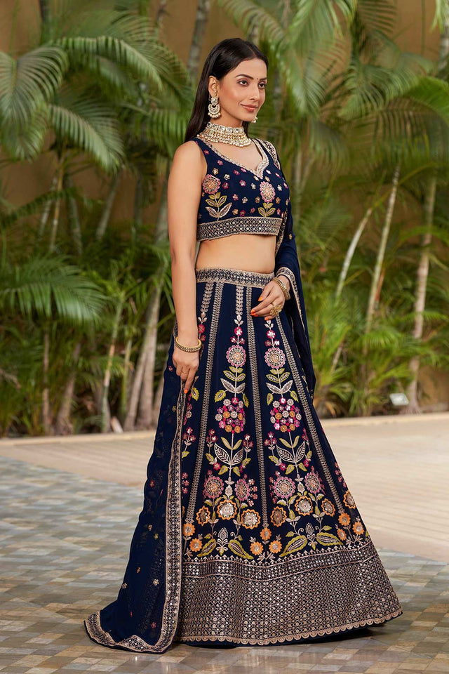 Navy Blue Sequins Georgette Lehenga Choli With Dupatta ('8003)