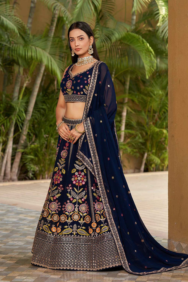 Navy Blue Sequins Georgette Lehenga Choli With Dupatta ('8003)
