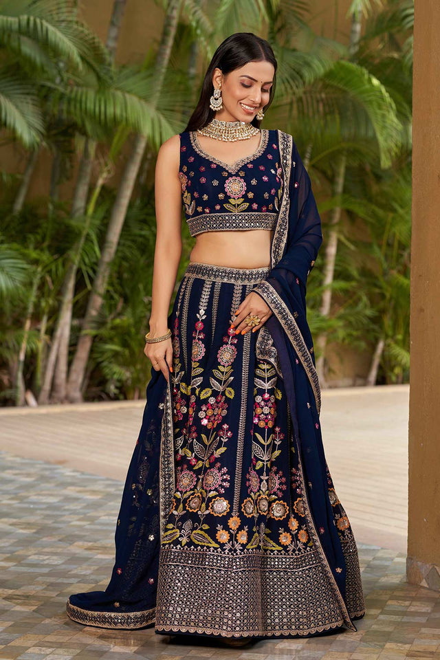 Navy Blue Sequins Georgette Lehenga Choli With Dupatta ('8003)