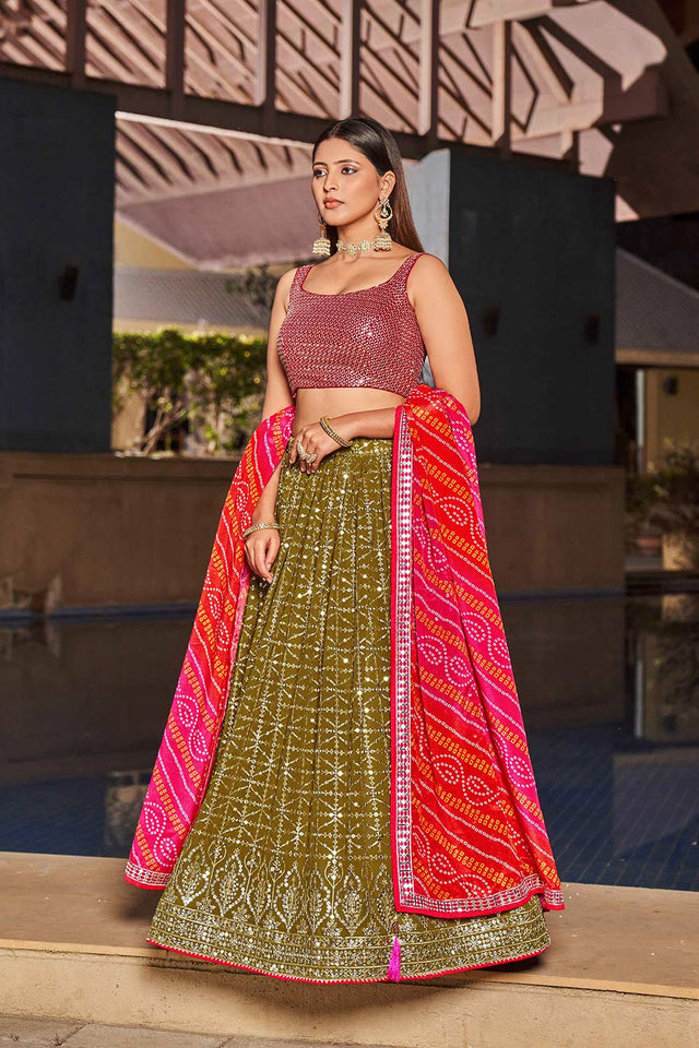 Olive Sequins Georgette Lehenga Choli With Dupatta ('8004)