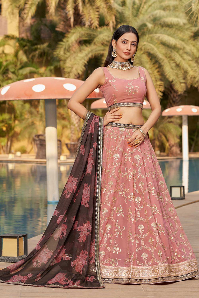 Pink Sequins Georgette Lehenga Choli With Dupatta ('8005)