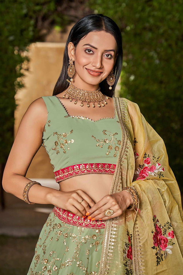 Pista Sequins Georgette Lehenga Choli With Dupatta ('8007)