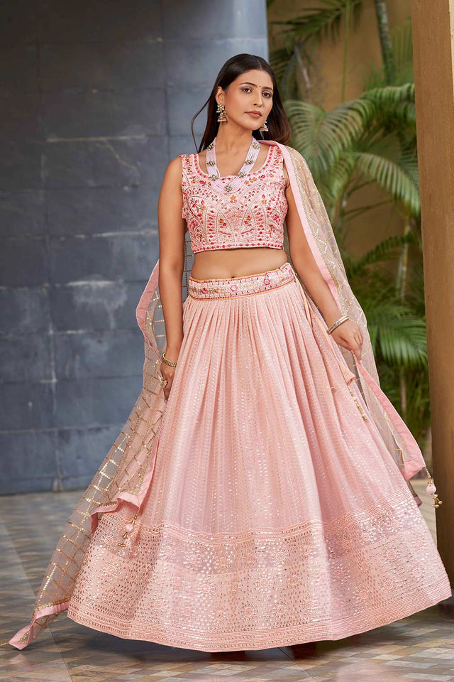 Pink Sequins Georgette Lehenga Choli With Dupatta ('8009)