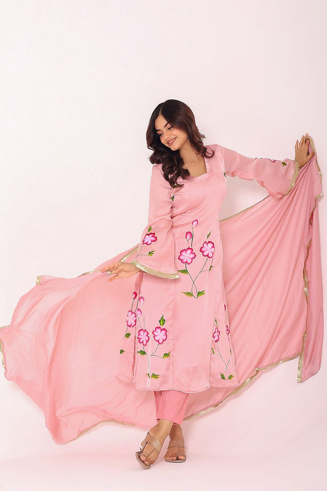 Pink Floral Printed Muslin Kurti Pant Set (8Satin)