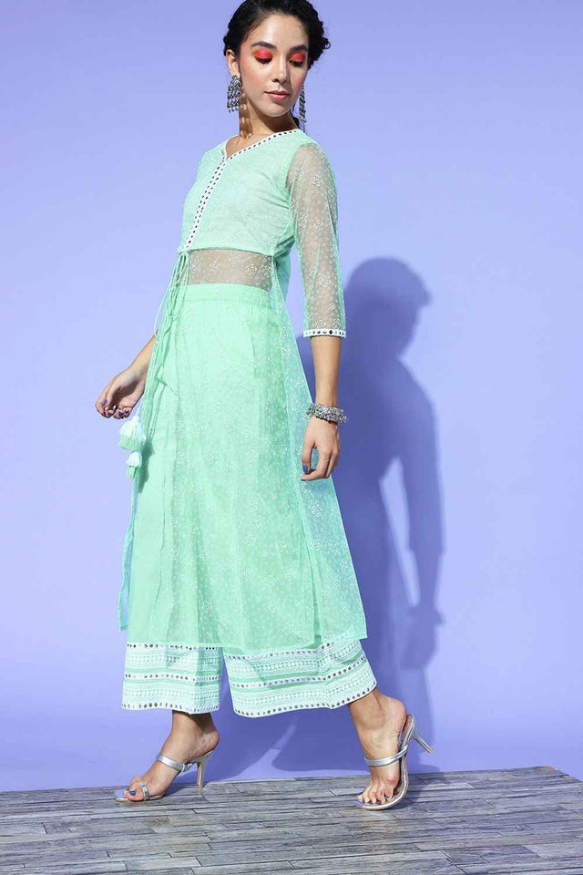 Turquoise Mirror Work?ÿ Net Co-Ord Set