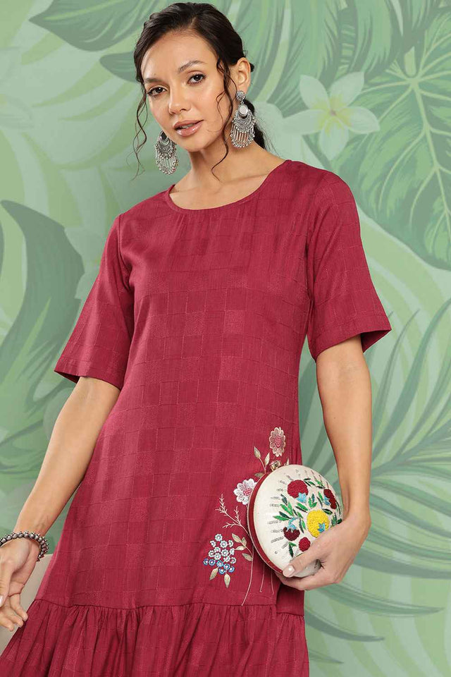 Red Embroidered Rayon Dress (9852DRSMR)