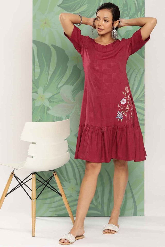 Red Embroidered Rayon Dress (9852DRSMR)
