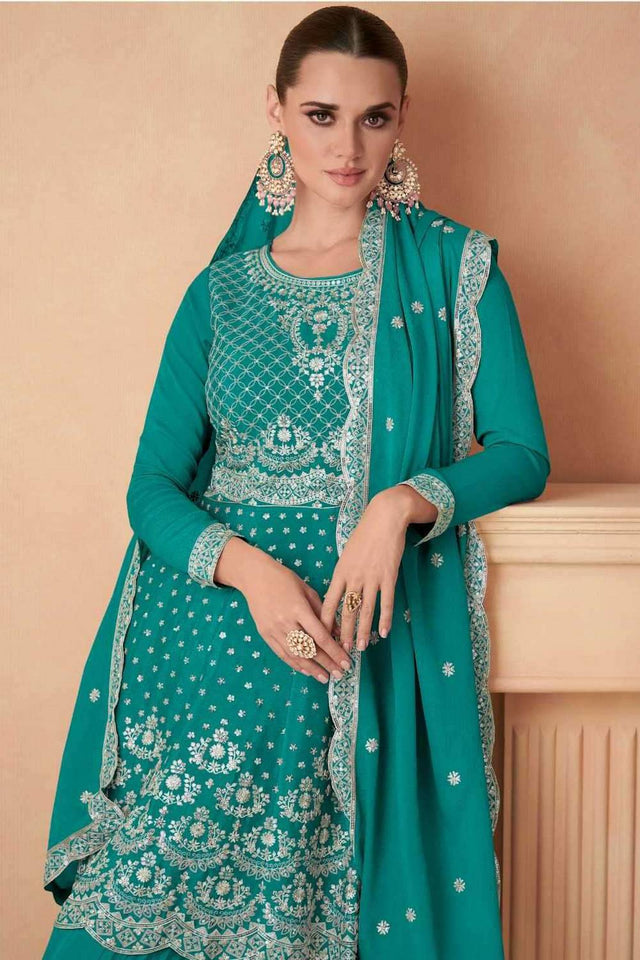 Green Floral Embroidered Georgette Sharara Suits