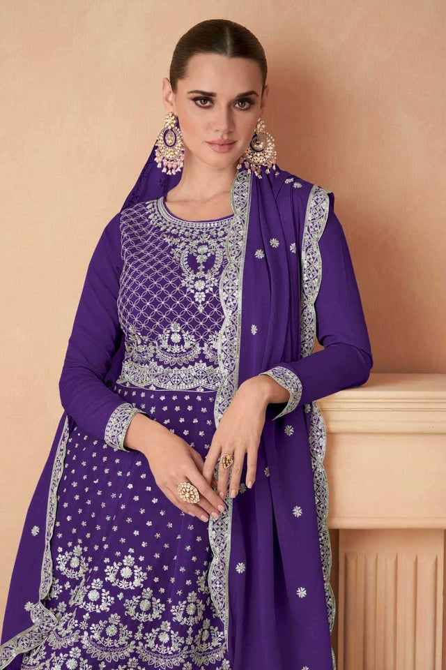 Violet Floral Embroidered Georgette Sharara Suits