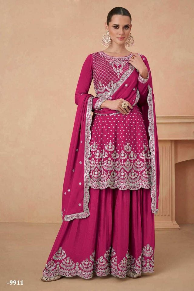 Magenta Floral Embroidered Georgette Sharara Suits