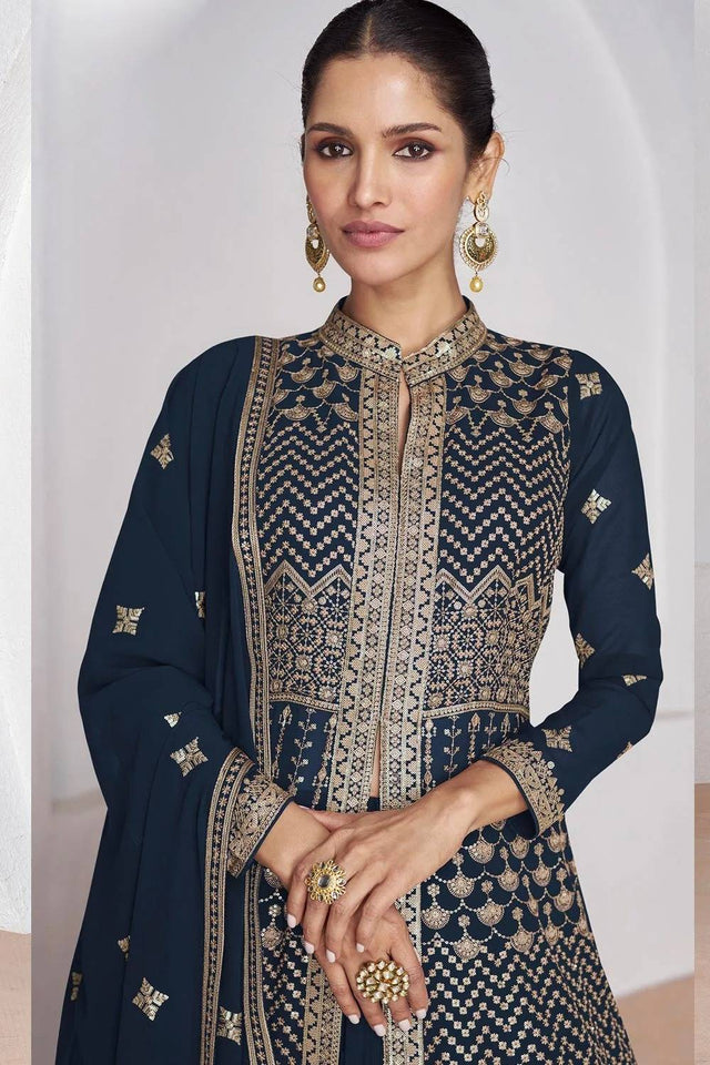 Navy Blue Sequin with Embroidered Georgette Gown