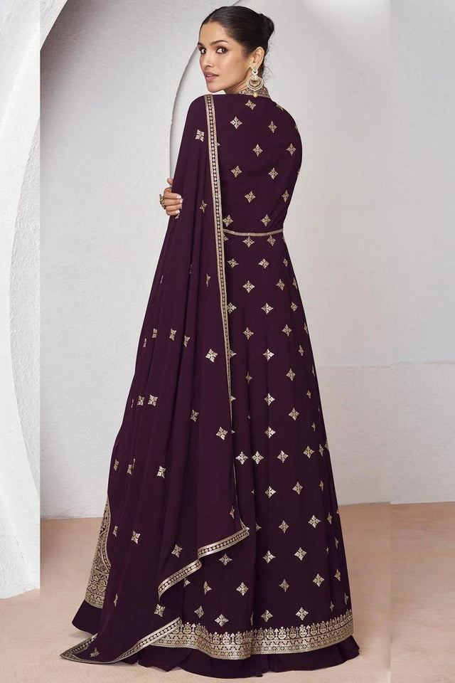 Wine Sequin with Embroidered Georgette Gown