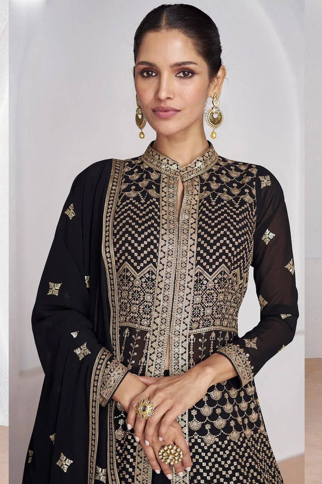 Black Sequin with Embroidered Georgette Gown