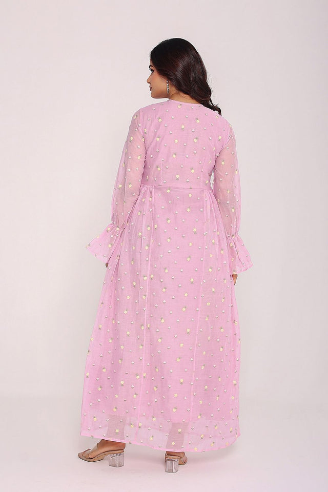 Pink Floral Embroidered Silk Kurti Pant Set (9Mulmul)