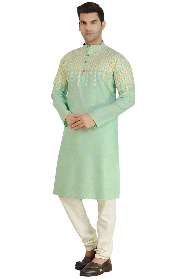 Men's Green Cotton Embroidered Kurta Pajama