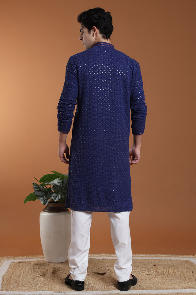 Mens Blue Sequin with Embroidered Georgette Kurta Set (A-908 B)