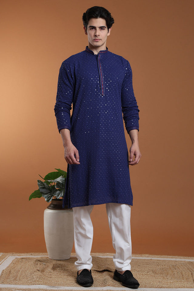 Mens Blue Sequin with Embroidered Georgette Kurta Set (A-908 B)