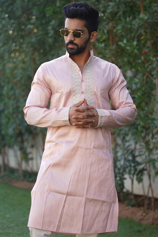 Pink Embroidered Silk Kurta Pajama Set