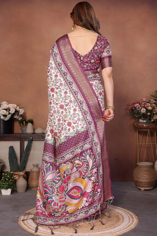 Cream Printed Cotton Silk Saree (AAXITA1-WINE)